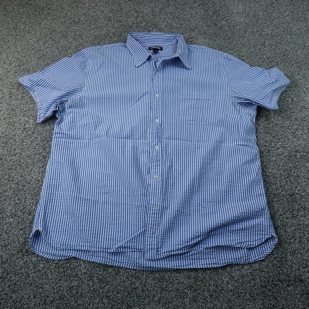 Lands End Shirt Mens 2XL Blue White Stripe Seersucker Short Sleeve Button Up Top